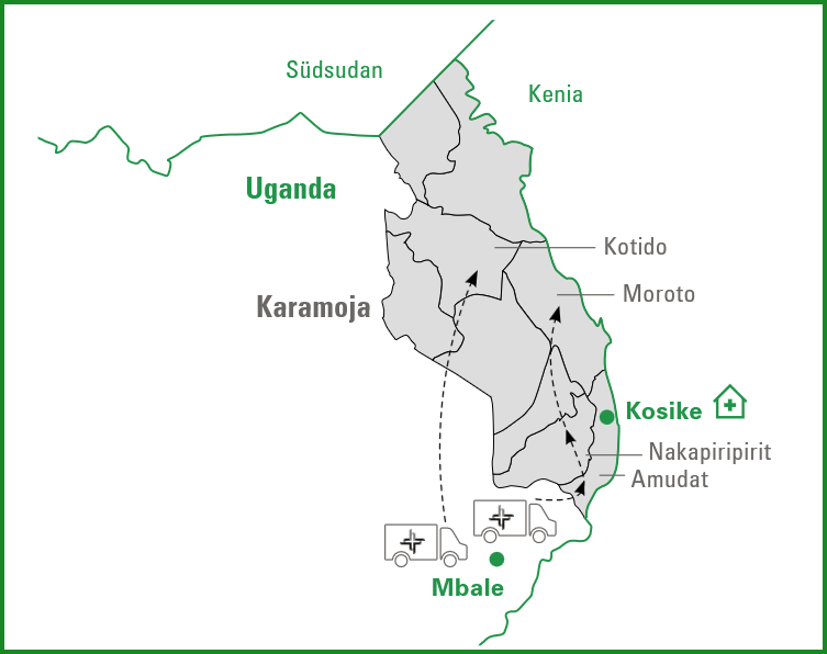 Eine Karte von Uganda, in der eingezeichnet ist, wo wir helfen wollen.