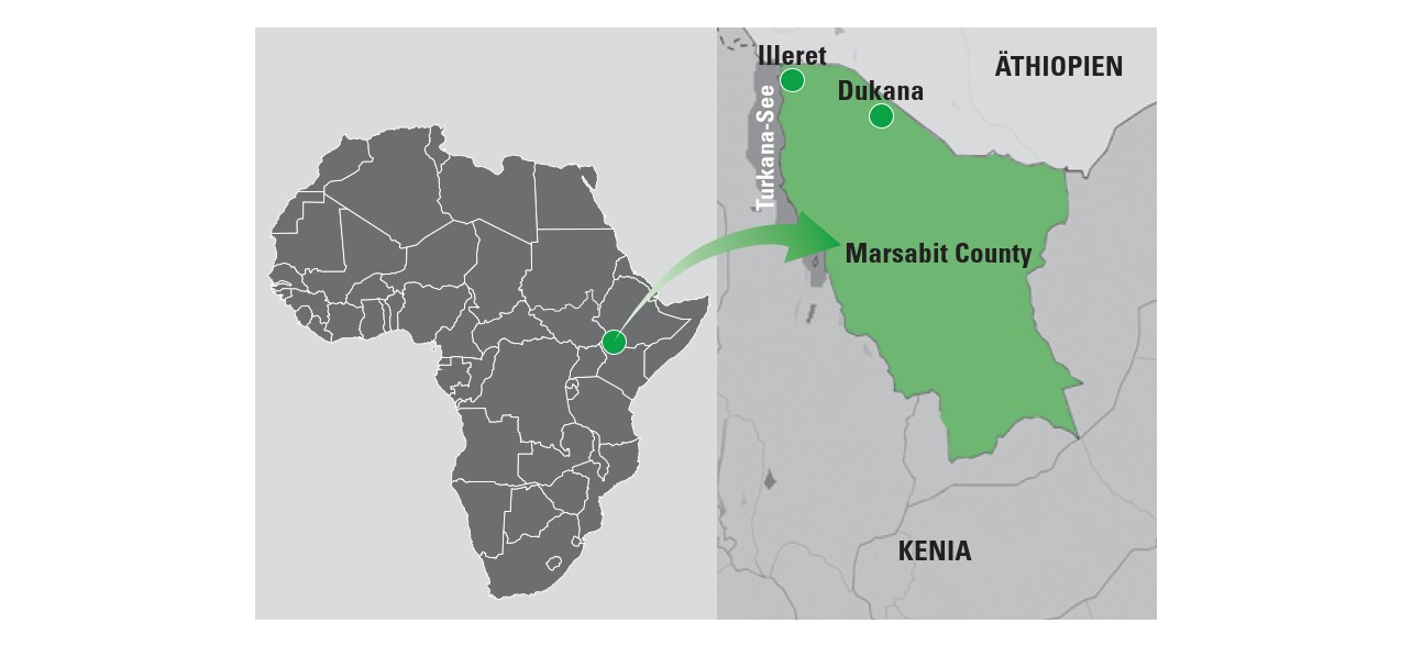 Die Gemeinden Illeret und Dukana liegen im Marsabit County im abgeschiedenen Norden Kenias an der Grenze zu Äthiopien. Marsabit ist der zweitgrößte unter den 47 Countys, in die Kenia gegliedert ist.
