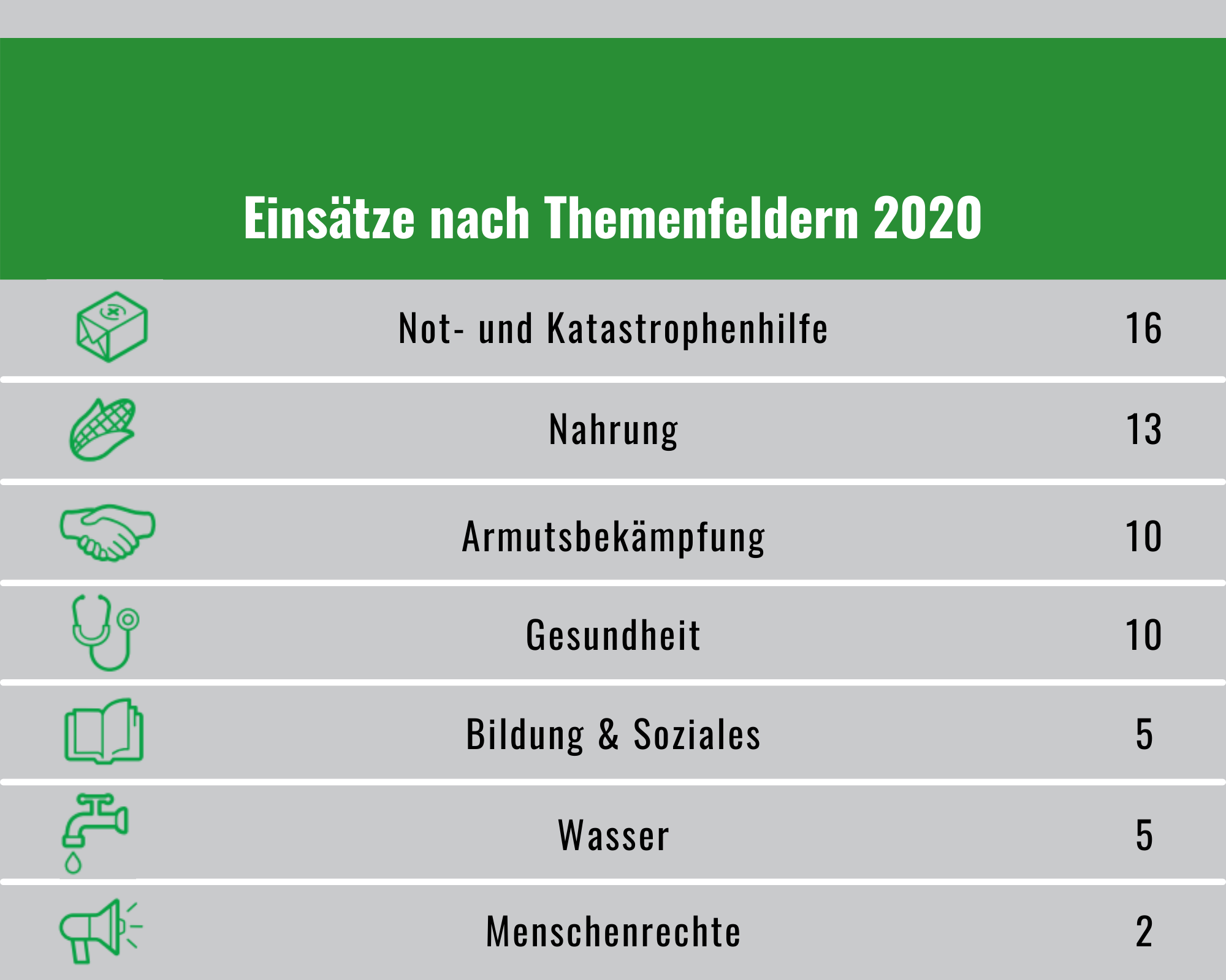 tabelle jahresbericht 2020 Mit den Projekten leisteten wir vor allem Not- und Katastrophenhilfe. Daneben engagierten wir uns u.a. für die Themen Nahrung, Armutsbekämpfung und Gesundheit.