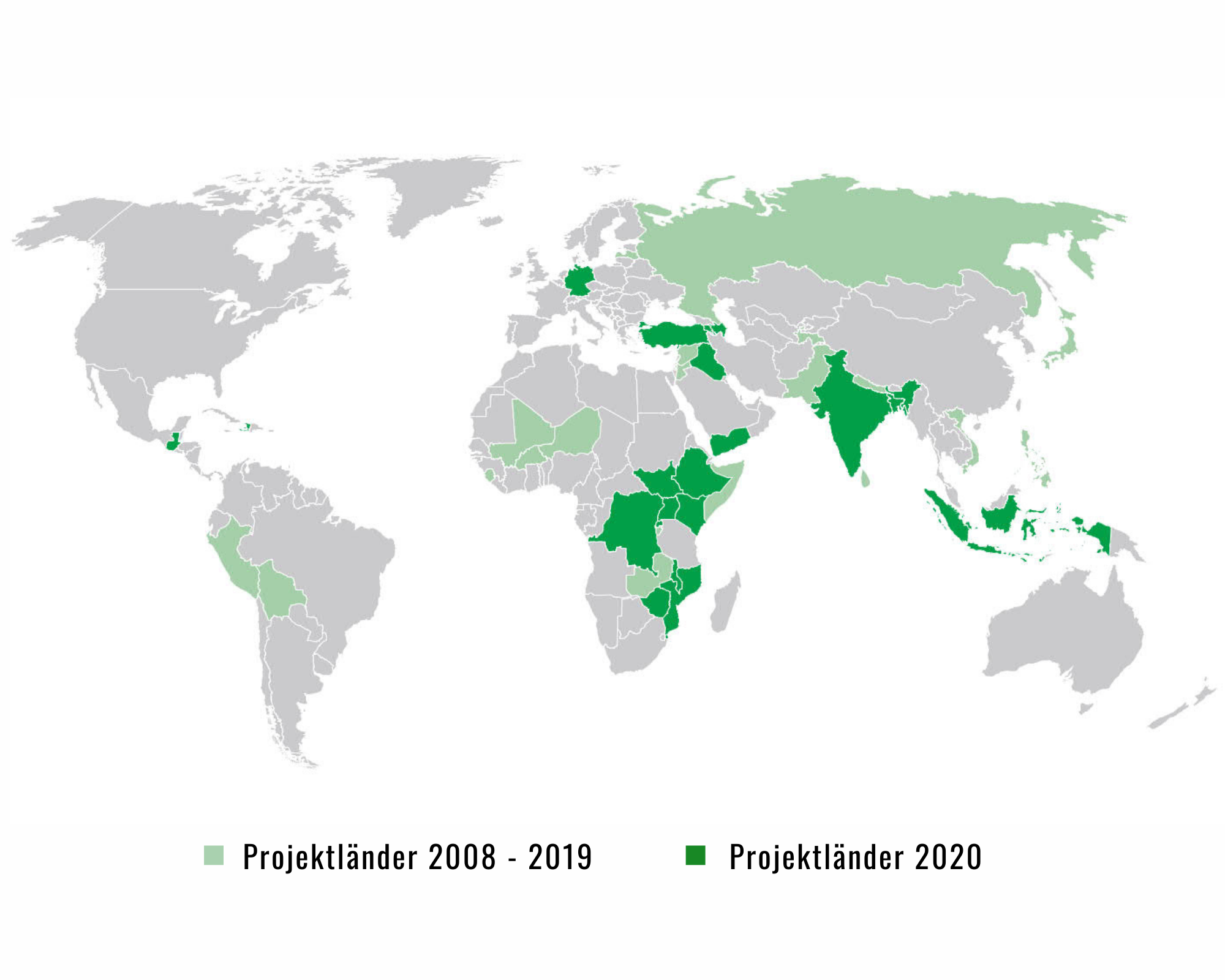 bild weltkarte jahresbericht 2020 Im Berichtsjahr 2020 führten wir Projekte in Europa, Afrika, Asien und Mittelamerika durch.