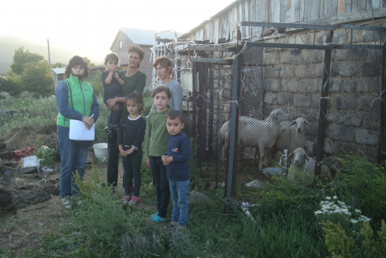 Mit ihren fünf Schafen bekommt die Familie eine nachhaltige Möglichkeit, sich  selbst zu versorgen und eine kleine Viehzucht aufzubauen. (Links: Hoffnungszeichen-Mitarbeiterin Aljona Zeytunyan)