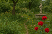Rosen und Statue in einem Park