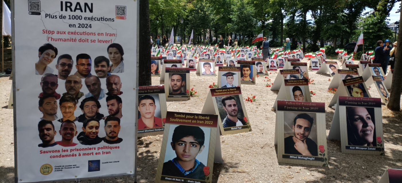 Porträts hingerichteter Iranerinnen und Iraner am 8. Juli 2025 in Paris: Hinter jeder Hinrichtung stehen ein Name und ein Gesicht; exekutiert werden auch Jugendliche.