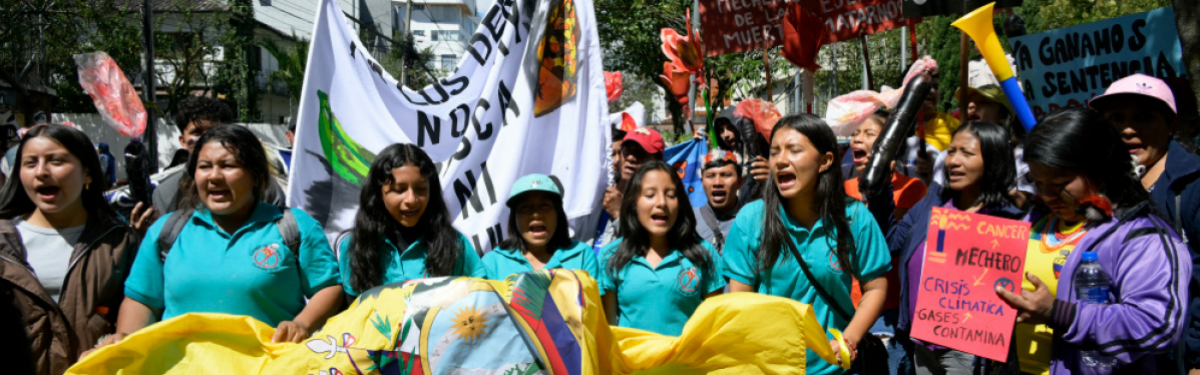 Indigene demonstrieren im März vor dem Verfassungsgericht und fordern die Vollstreckung des Urteils, über 400 Gasfackeln der Erdöl-Förderanlagen stillzulegen.